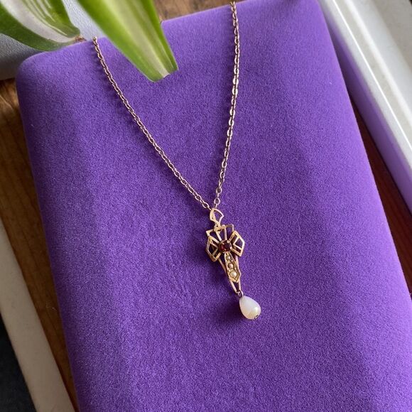 💛 10k Antique Garnet & Pearl Necklace - Picture 2 of 7